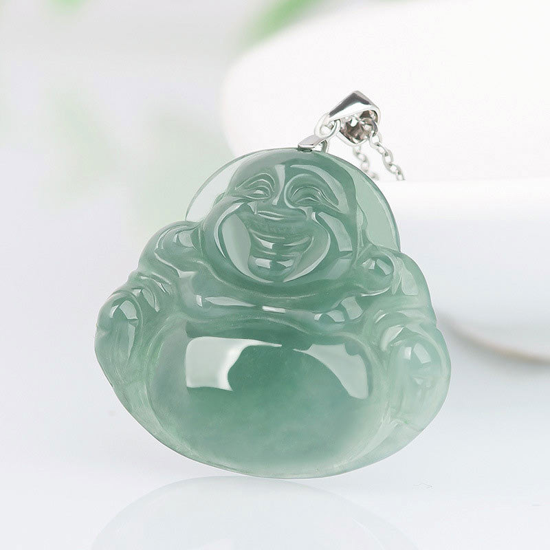 Buddha Stones 925 Sterling Silver Laughing Buddha Jade Protection Calm Necklace Chain Pendant - image 1