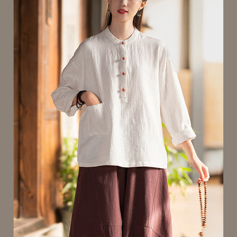 Buddha Stones Solid Color Loose Button Blouse Long Sleeve Shirt Top