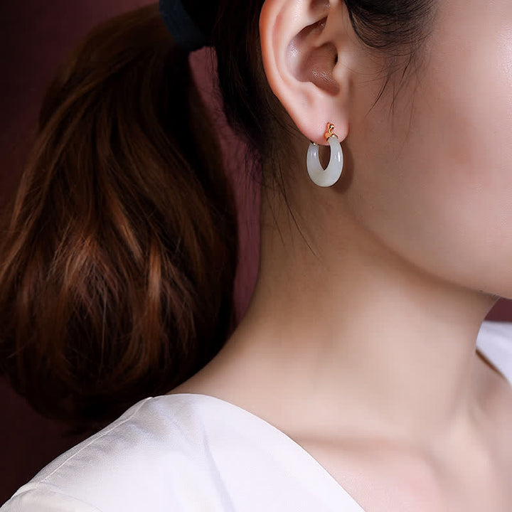 Buddha Stones Round Jade Cyan Jade Prosperity Luck Drop Earrings - image 3