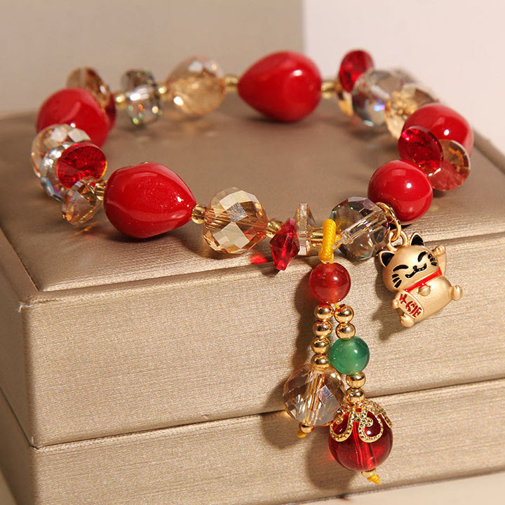 Buddha Stones Red Stone Lucky Cat Rabbit Fu Character Fortune Bracelet