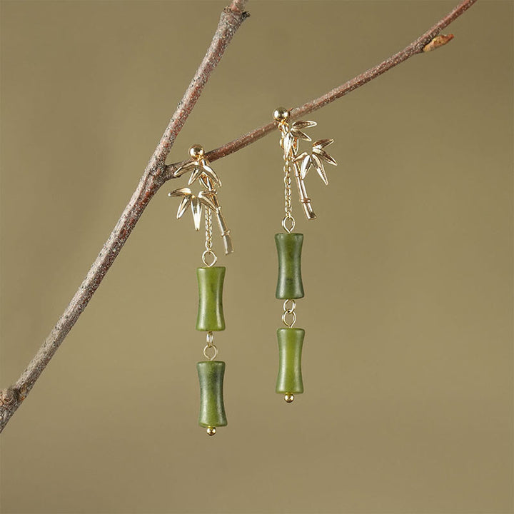 Buddha Stones 925 Sterling Silver Posts Copper Plated Gold Natural Peridot Bamboo Leaf Drop Earrings