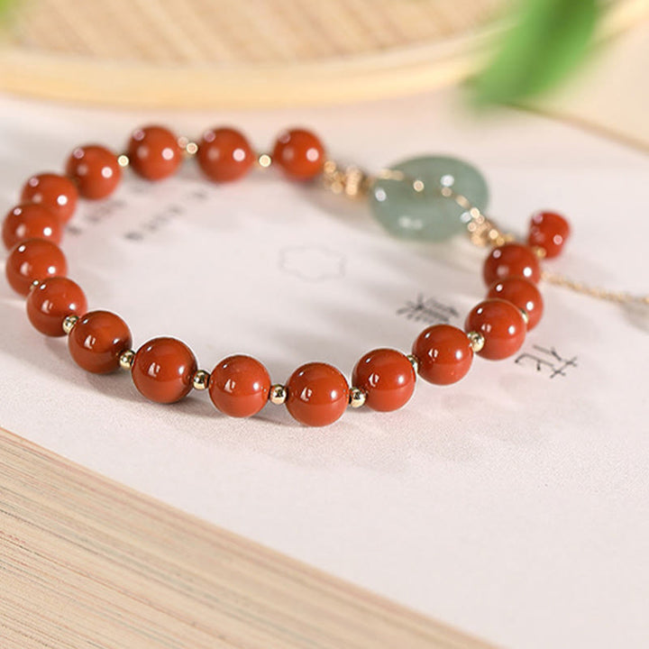 Buddha Stones 14k Gold Filled Jade Red Agate Peace Buckle Copper Coin Gourd Confidence Bracelet