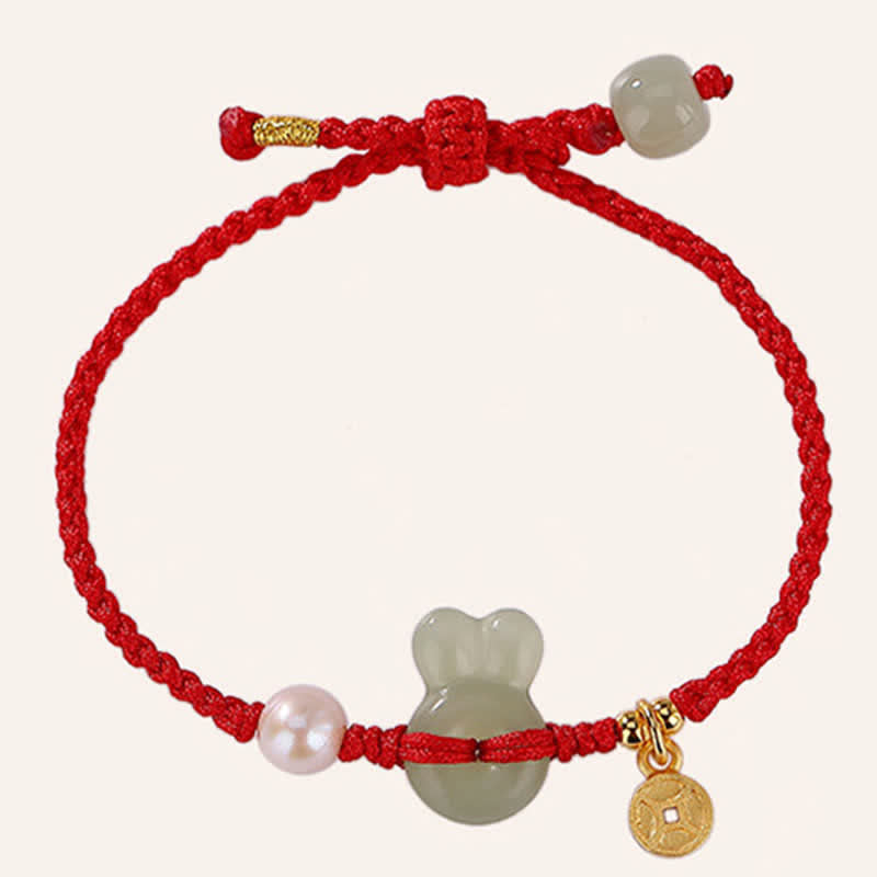 925 Sterling Silver Year of the Rabbit Hetian Jade Copper Coin Wealth Red String Bracelet