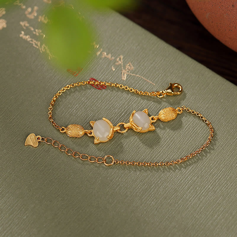 Buddha Stones 925 Sterling Silver Natural Hetian White Jade Cyan Jade Lovely Fox Luck Bracelet - image 8