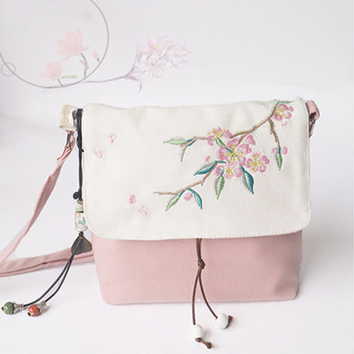 Buddha Stones Handmade Embroidered Plum Flowers Canvas Crossbody Bag Shoulder Bag Handbag