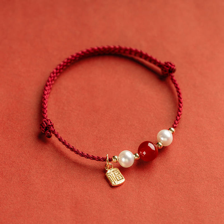 Buddha Stones 925 Sterling Silver Good Fortune Fu Character Agate Pearl Red String Braid Bracelet - image 3