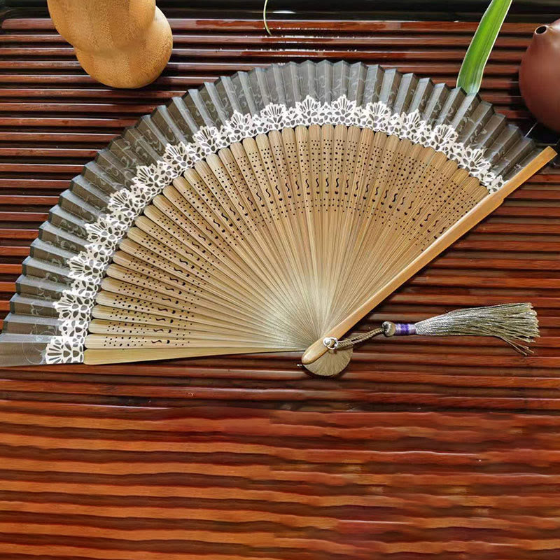 Buddha Stones Simple Hollow Engraved Handheld Bamboo Folding Fan