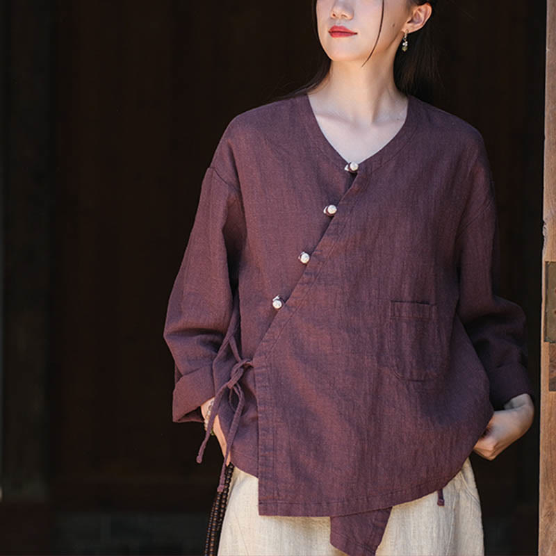 Buddha Stones Solid Color Ramie Linen Loose Blouse Long Sleeve Shirt Chinese Hanfu Top