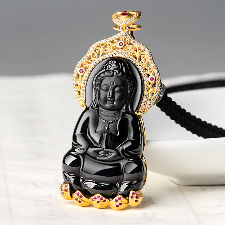 Buddha Stones Natural Black Jade Kwan Yin Avalokitesvara Wealth Titanium Steel Chain Necklace Pendant - image 1