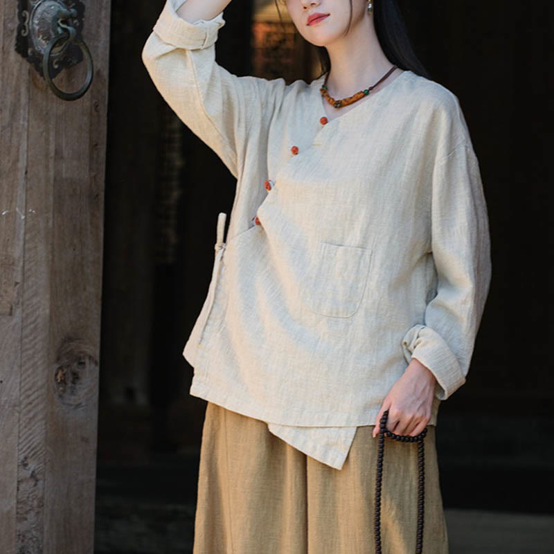 Buddha Stones Solid Color Ramie Linen Loose Blouse Long Sleeve Shirt Chinese Hanfu Top