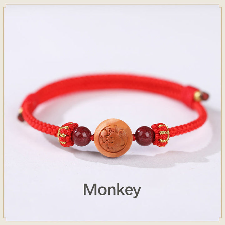 Buddha Stones Natural Peach Wood Chinese Zodiac Fu Character Carved Cinnabar Wealth Bracelet - Monkey-Red(Wrist Circumference 14-18cm) - image 7
