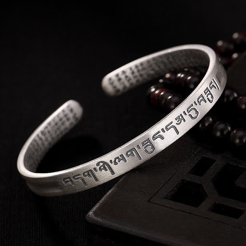 Buddha Stones 999 Sterling Silver Six True Words Heart Sutra Protection Bracelet Bangle - 999 Sterling Silver - image 1