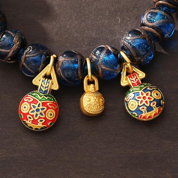 Buddha Stones Gold Swallowing Beast Luck Charm Blue Liuli Glass Bead Fortune Bracelet