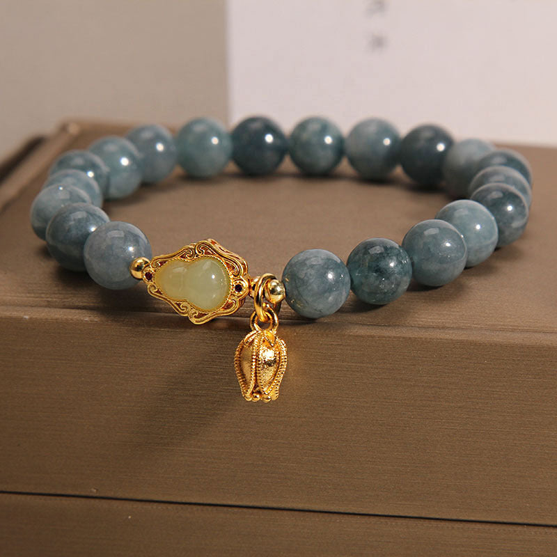 Buddha Stones Natural Jade Gourd Tulip Charm Luck Bracelet