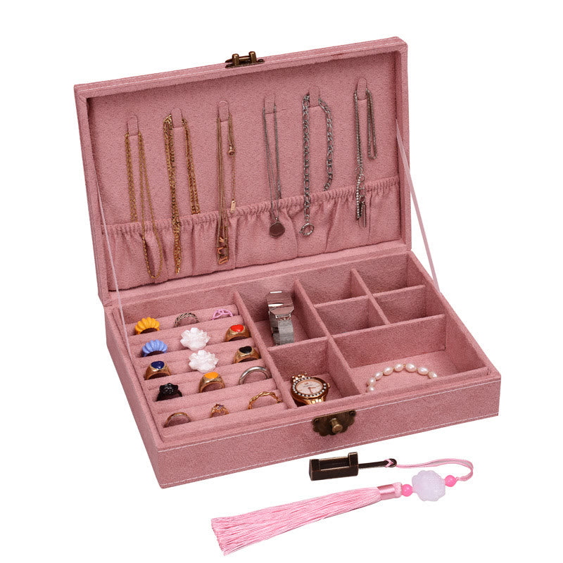 Buddha Stones Simple Design Jewelry Box Organizer Single Layer Flannel Jewelry Storage Box With Lock - Pink28cm*19cm*6.5cm - image 28