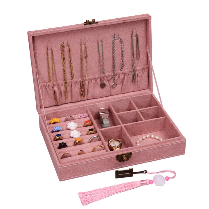 Buddha Stones Simple Design Jewelry Box Organizer Single Layer Flannel Jewelry Storage Box With Lock - Pink28cm*19cm*6.5cm - image 28