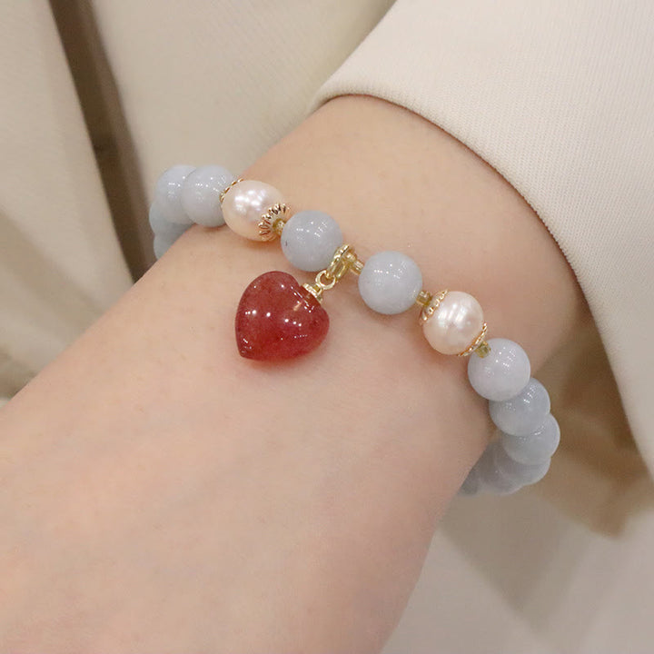 Buddha Stones Natural Aquamarine Chalcedony Serenity Rabbit Gourd Cat Charm Bracelet - Aquamarine Strawberry Quartz Love Heart - image 9