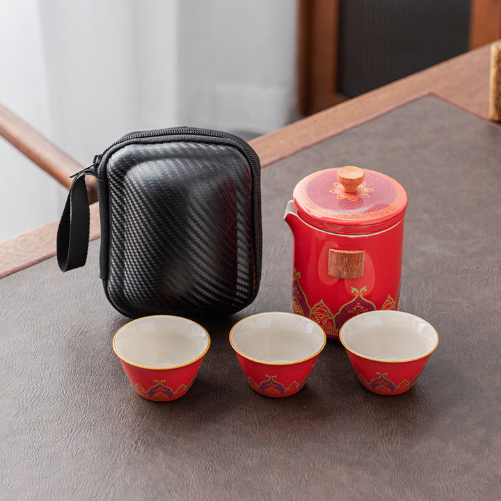 Buddha Stones Flower Chinese Gongfu Ceramic Teapot Portable Outdoor Travel Tea Set Bag