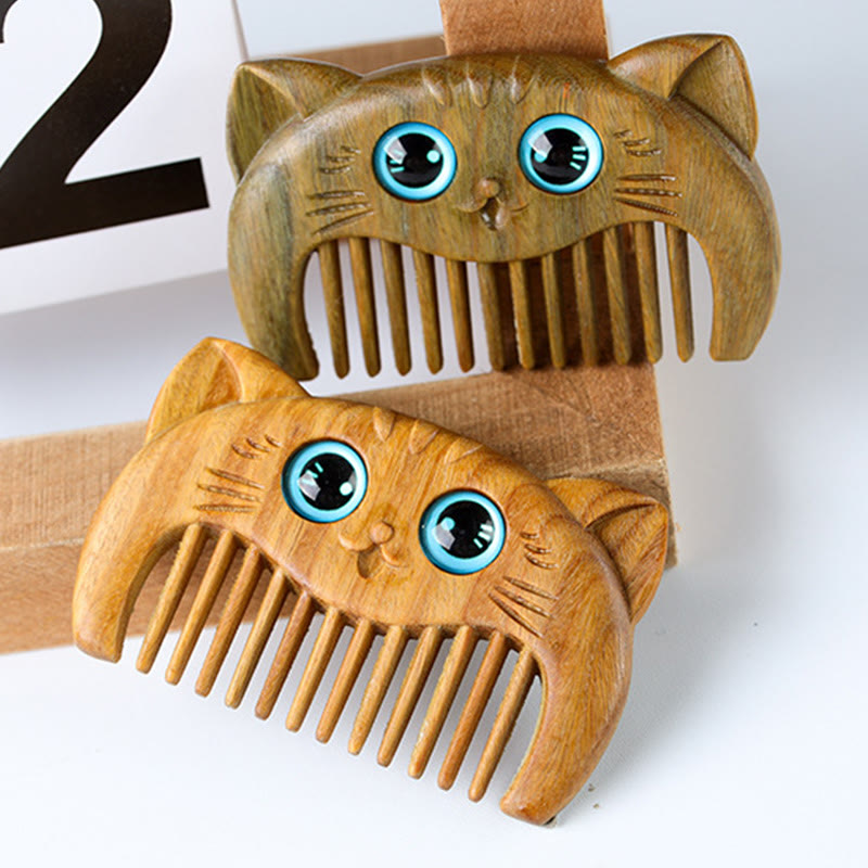 Simple Cat Pattern Green Sandalwood Cure Portable Comb - image 2