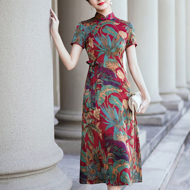 Buddha Stones Silk Qipao Dress Retro Flower Leaf Pattern Women's Cheongsam Dress - image 10