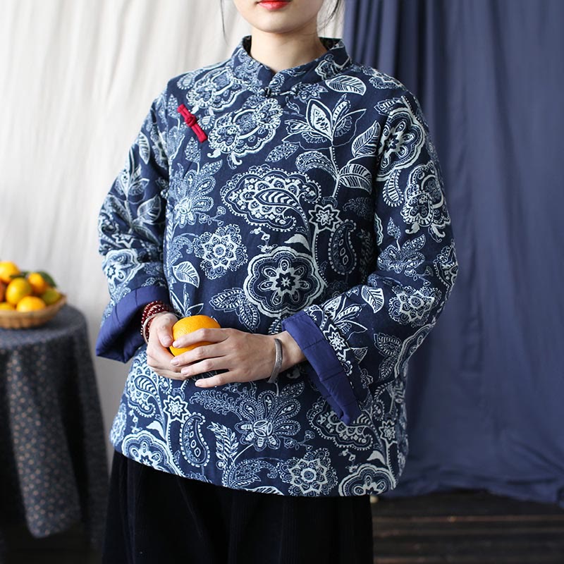 Buddha Stones Flowers Cotton Linen Jacket Shirt Chinese Northeast Style Winter Clothing