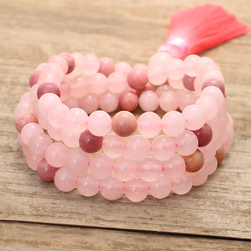 108 Mala Beads Pink Crystal Love Tassel Bracelet - image 9