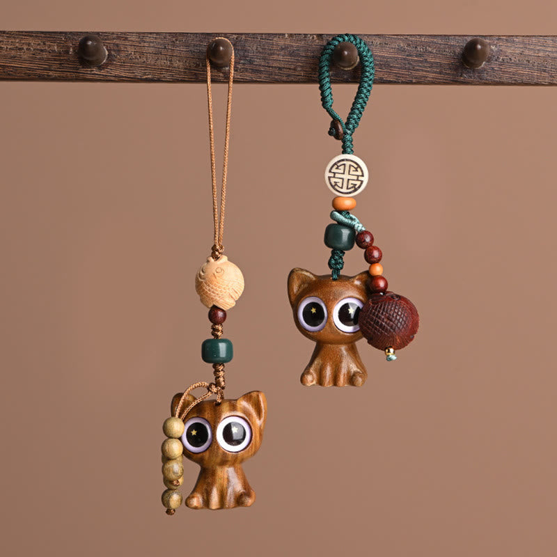 Buddha Stones Green Sandalwood Lucky Cat Koi Fish Cure Key Chain Phone Hanging Decoration - image 2