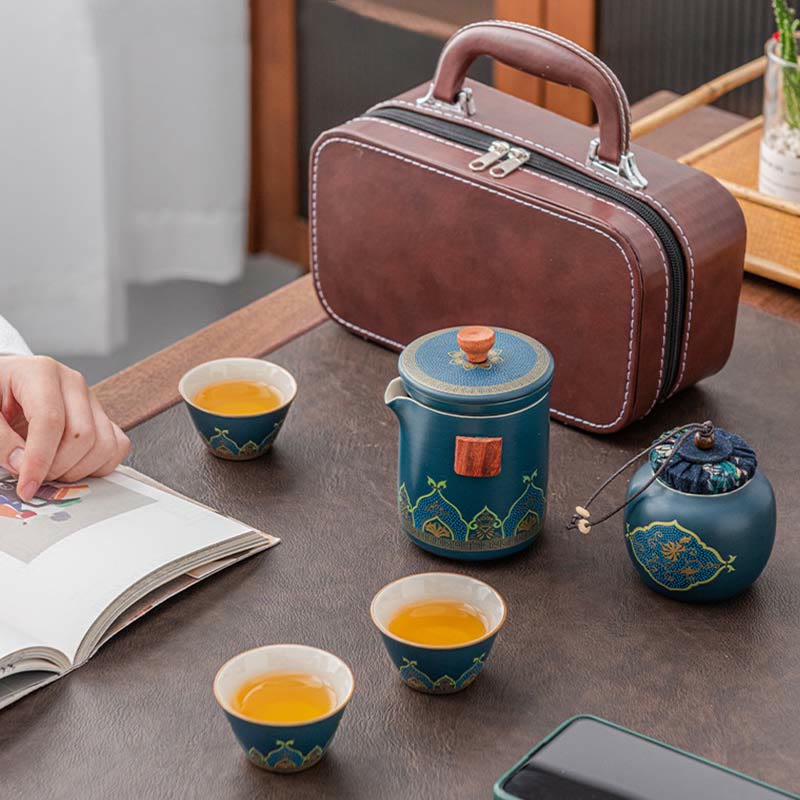 Buddha Stones Flower Chinese Gongfu Ceramic Teapot Portable Outdoor Travel Tea Set Bag