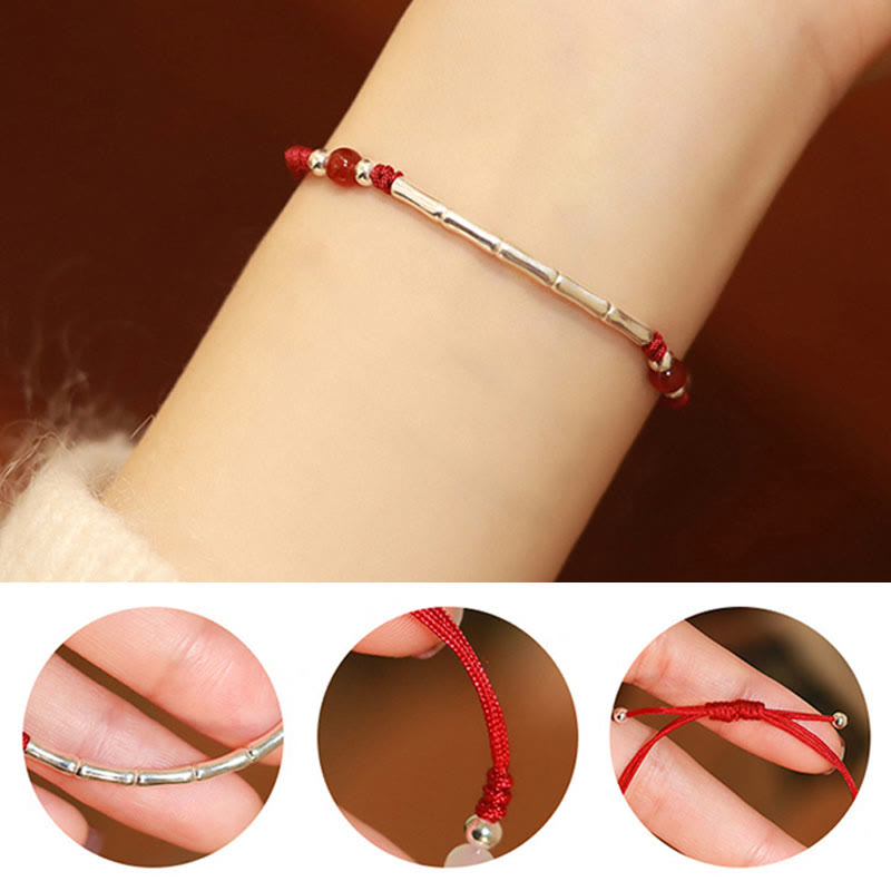Buddha Stones 925 Sterling Silver Bamboo White Agate Red Agate Bead Protection String Braided Bracelet - image 7
