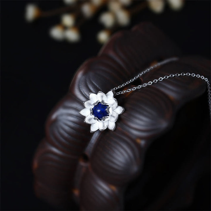 Buddha Stones 925 Sterling Silver Lazurite Lapis Lazuli Lotus Flower Self Care Necklace Pendant - image 2