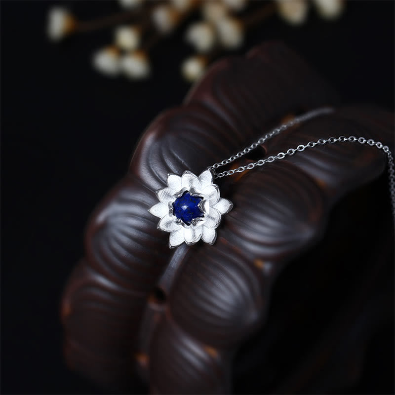 Buddha Stones 925 Sterling Silver Lazurite Lotus Flower Self Care Necklace Pendant - image 2