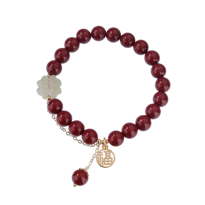 Buddha Stones Cinnabar Fu Character Hetian Jade Lucky Four Leaf Clover Blessing Bracelet - image 8
