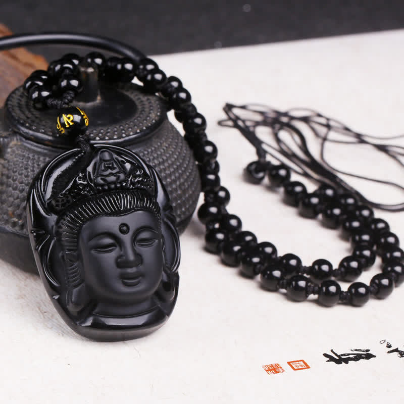 Buddha Stones Natural Black Obsidian Kwan Yin Avalokitesvara Strength String Necklace Pendant - Black Obsidian(Purification♥Transformation) - image 1