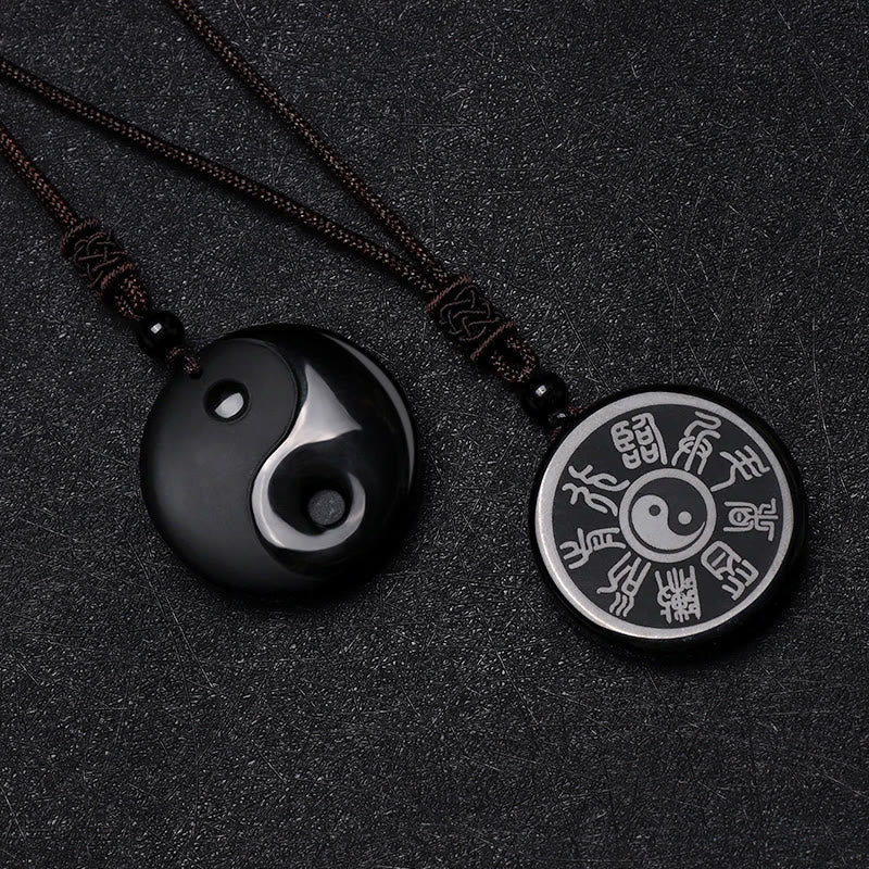 Buddha Stones Black Obsidian Taoism Five Sacred Mountains Nine-Character Mantra Carved Purification Yin Yang Necklace Pendant - image 2