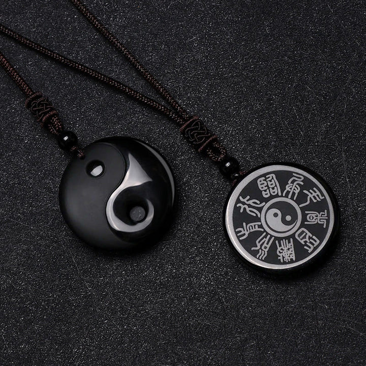 Buddha Stones Black Obsidian Taoism Five Sacred Mountains Nine-Character Mantra Carved Purification Yin Yang Necklace Pendant - image 2
