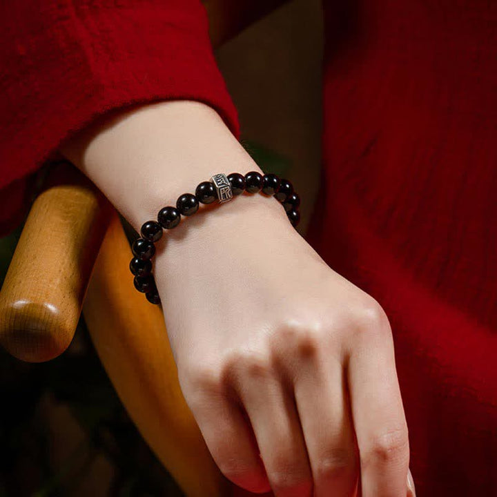 Chinese Zodiac Natal Buddha 925 Sterling Silver Black Obsidian Moonstone Strength Bracelet - image 2