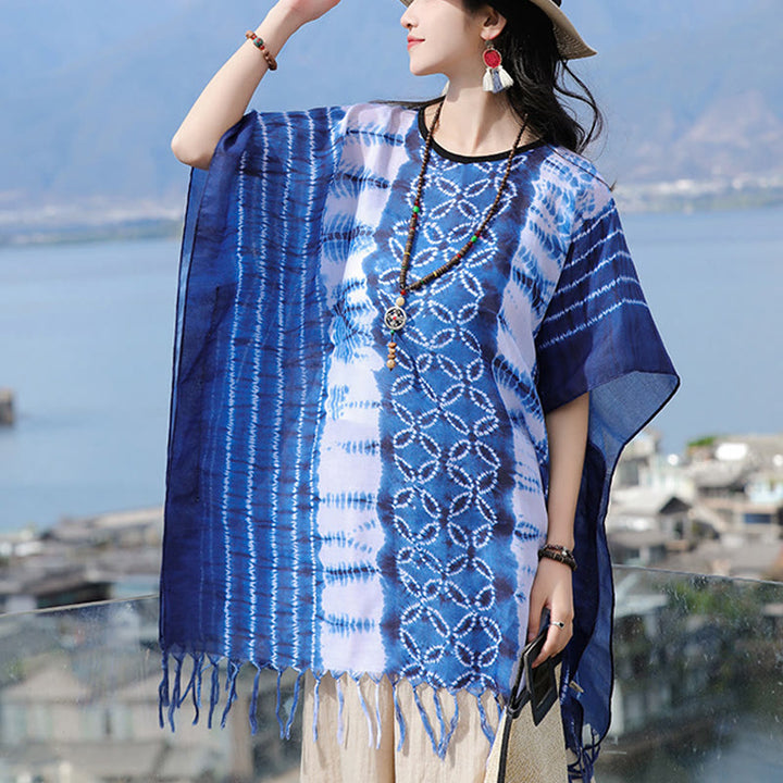 Buddha Stones Blue White Striped Indigo Dyeing Shawl Tassels Cozy Pullover 90*95cm