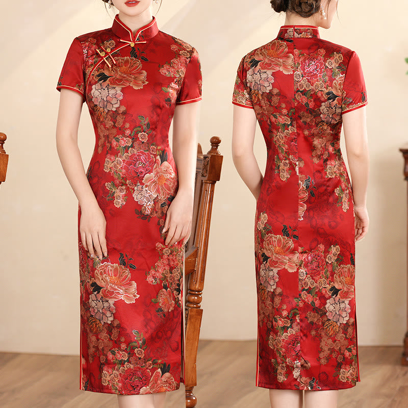 Buddha Stones Retro Flower Lotus Peony Feather Print Qipao Dress Women's Cheongsam Dress