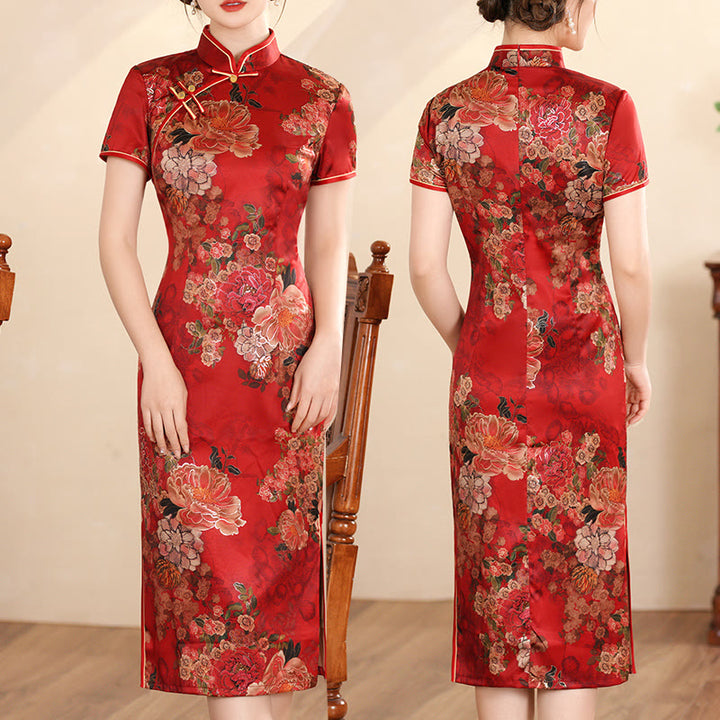 Buddha Stones Retro Flower Lotus Peony Feather Print Qipao Dress Women's Cheongsam Dress - Red Peony - US16，UK/AU20，EU48 (5XL) - image 16