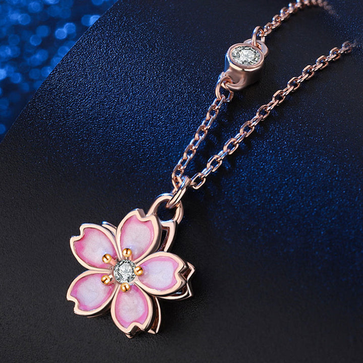 Buddha Stones 925 Sterling Silver Cherry Blossom Flower Rotatable Protection Necklace Pendant - image 2