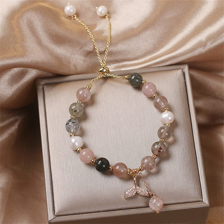 Buddha Stones Strawberry Quartz Rutilated Quartz Fishtail Charm Healing Bracelet