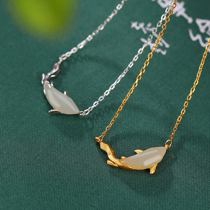 Buddha Stones 925 Sterling Silver White Jade Dolphin Luck Necklace Pendant - image 1