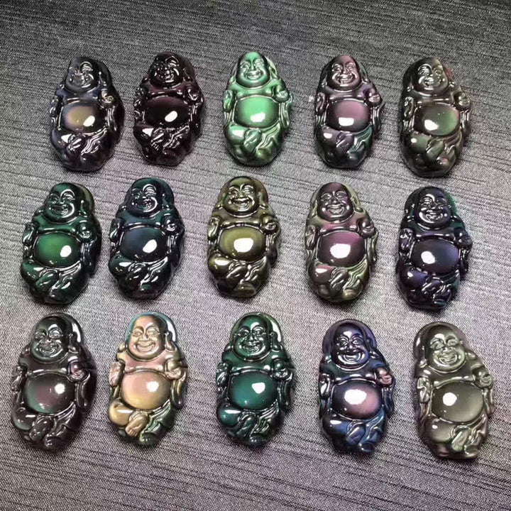 Natural Rainbow Obsidian Laughing Buddha Inner Peace Necklace Pendant