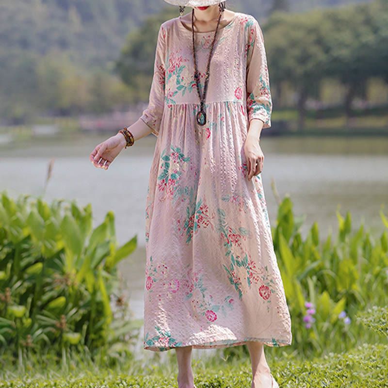 Buddha Stones Flowers Print Midi Dress Cotton Linen Tunic Dress With Pockets