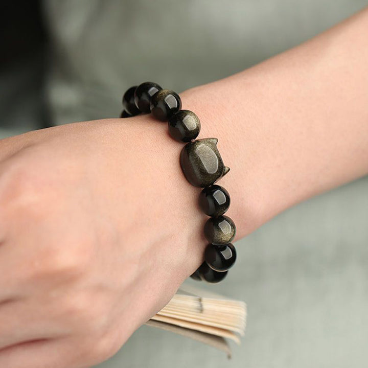 Buddha Stones Gold Sheen Obsidian Silver Sheen Obsidian Lovely Paw Lucky Cat Protection Bracelet - image 11