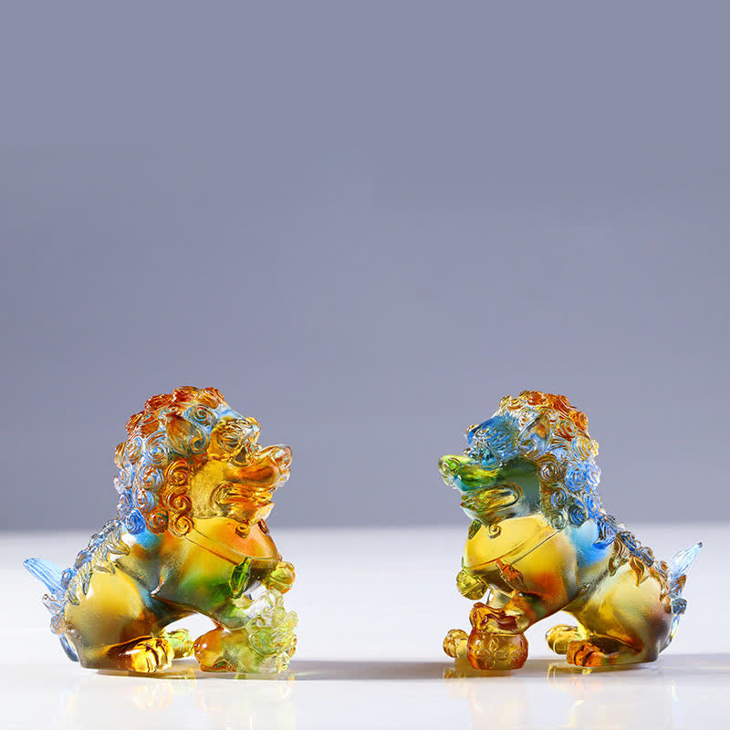 Handmade Liuli Crystal Lion Art Piece Strength Home Office Decoration - A Pair of Colorful Lions - image 13