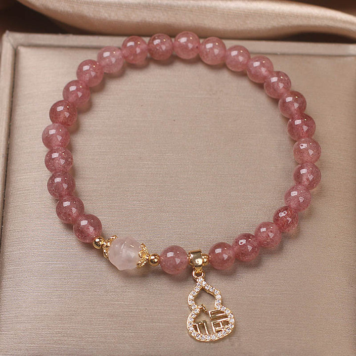 Buddha Stones Strawberry Quartz Gourd Fu Character Charm Positive Bracelet