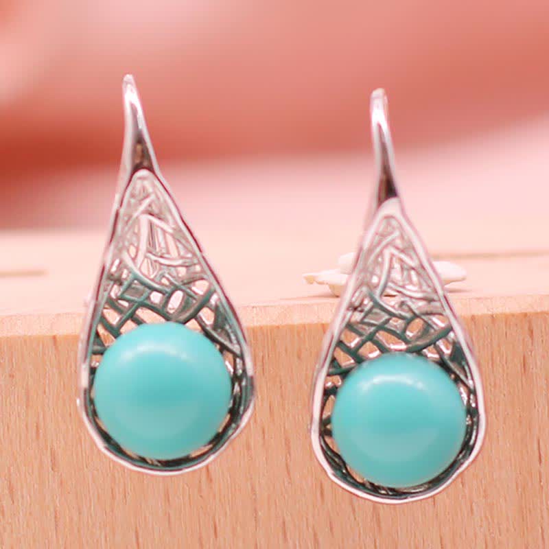 925 Sterling Silver Turquoise Beaded Pattern Protection Drop Dangle Earrings - image 5