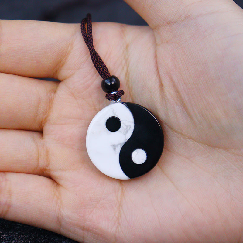 Buddha Stones Natural Black Obsidian White Turquoise Yin Yang Fulfilment Strength Necklace Pendant