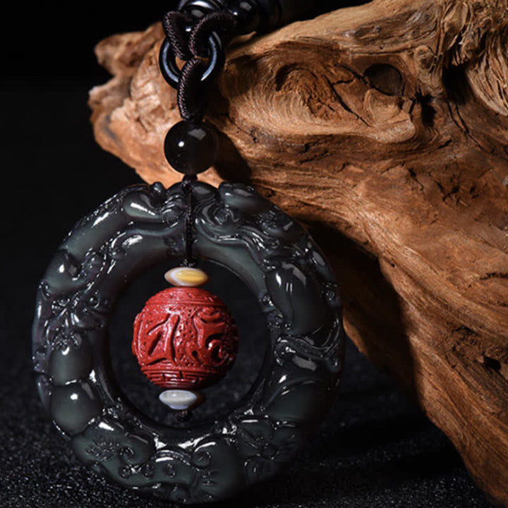 FengShui Natural Rainbow Obsidian PiXiu Cinnabar Healing Necklace Pendant